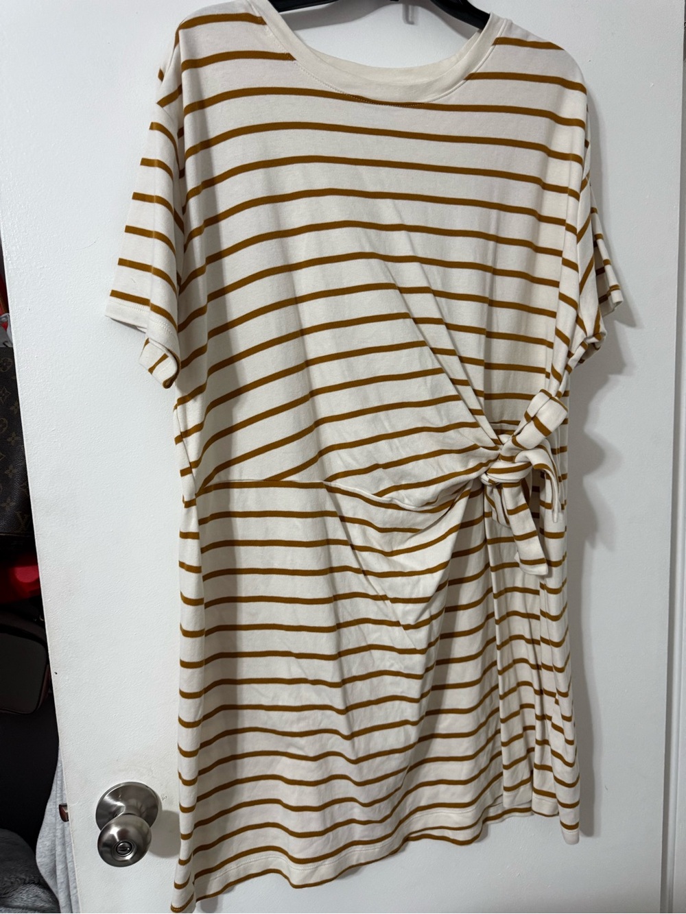 Terra & Sky Cream and Mustard Striped Tie-Waist Midi Dress